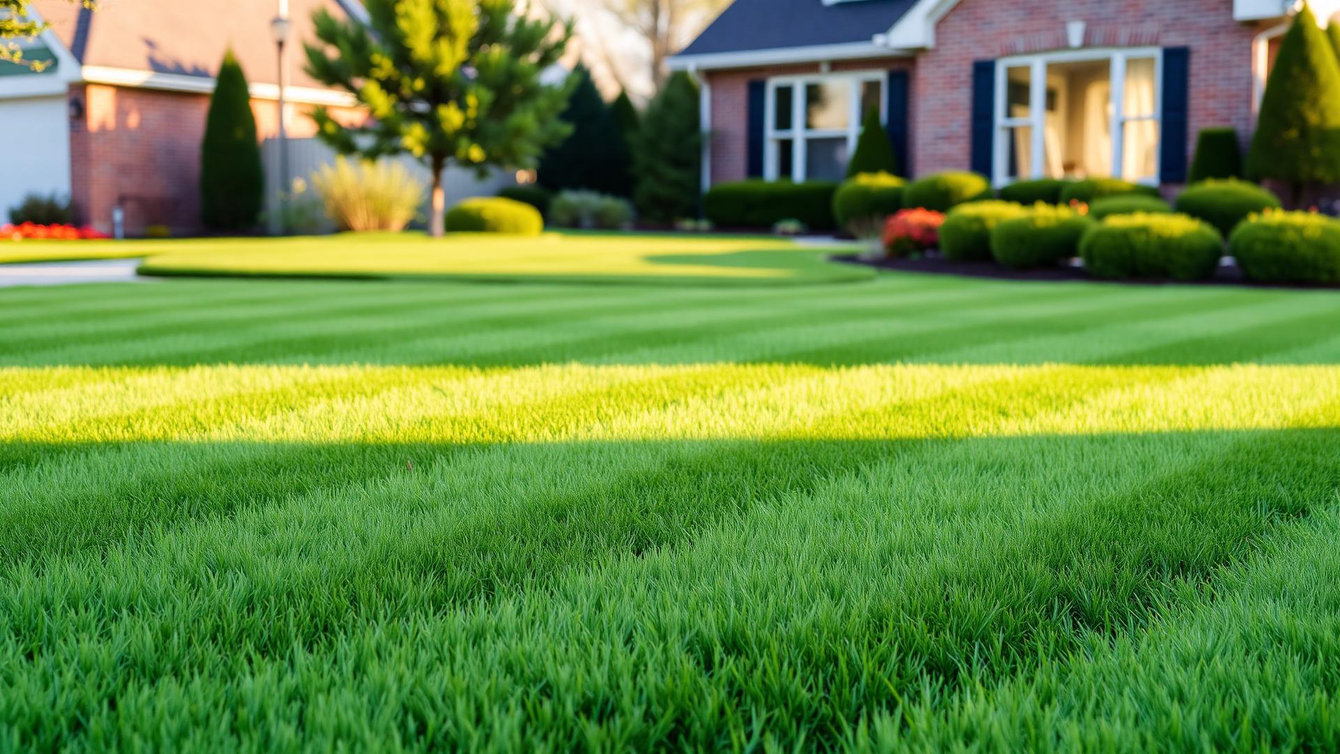 Freshly mowed striped lawn in front of a brick home